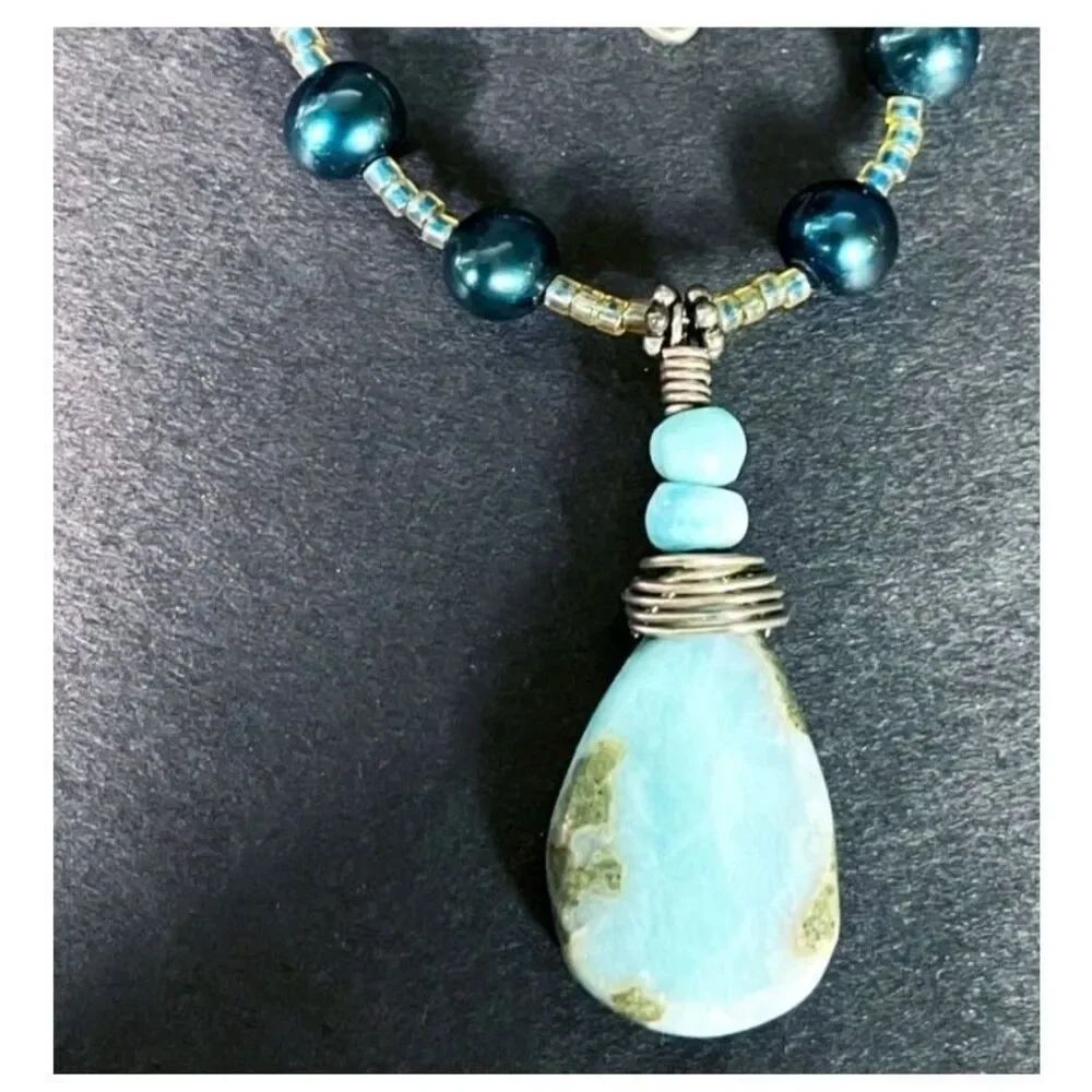Handmade Deep Turquoise Tahitian Pearls Aventurine Pendant Necklace 16in